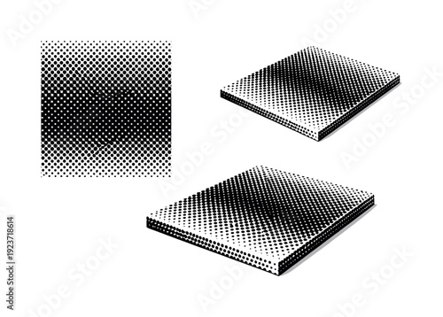 Repeating polka dot halftone pattern tile shown as a single object presented in three views: flat top view, angled view, and three-quarter