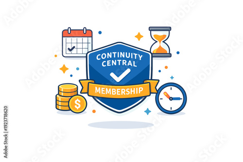 Recurring billing and membership idea expressed through continuity central membership badge surrounded by repeated symbols of time and value,
