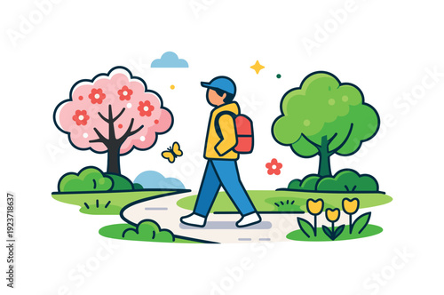 Spring park walk a person strolling along a quiet park path lined with fresh trees and early blossoms, capturing a calm moment of relaxation