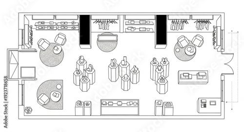 Detailed floor plan of a commercial space showcasing furniture and layout design.