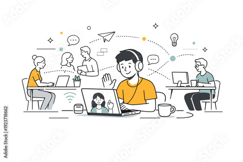 Remote call in coworking space. An individual participates in a video call on a laptop while colleagues work nearby, light motion lines and