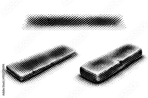 Halftone rough dot line texture shown as a single object presented in three views: flat top view, angled view, and three-quarter perspective