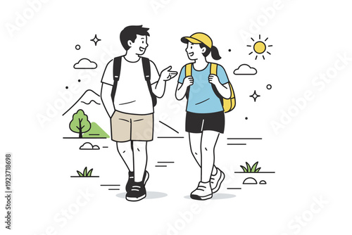 Nature hikes in light clothing. Two hikers walk side by side, dressed simply and carrying small backpacks. Friendly outdoor scene with conversation, balance,