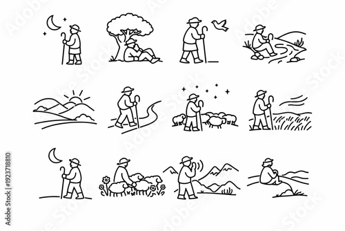 Shepherd and Nature. Line icon set of Shepherd and Nature: shepherd watching sky, tree shade rest, bird flying near, quiet stream, hill silhouette, lone
