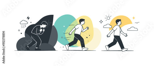 Man's journey from despair to hope, depicted through three stages of emotional progress