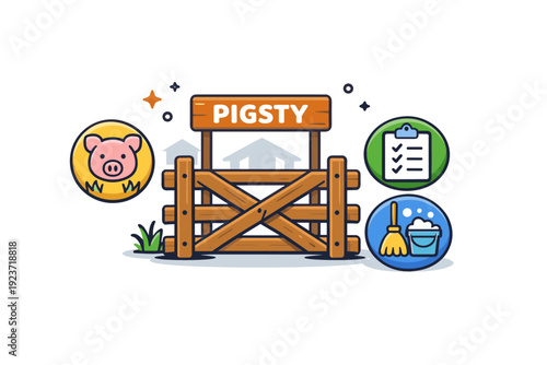 Livestock zone marker wooden gate and small farm badges indicating the pigsty area and organized caretaking routines within a clean
