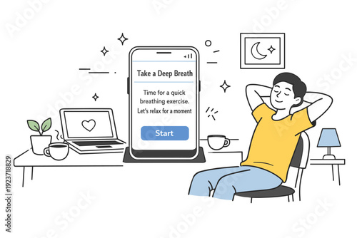 Health app notification. Calm workspace scene with a phone showing a breathing exercise alert, person pausing to relax. Stress-free wellness