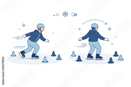Ice skating drills scene. A person practicing forward and backward skating, with cones or markers on the ice to suggest structured technique training. The