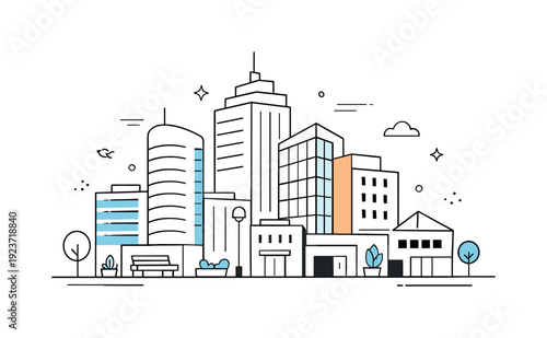 Modern city skyline with minimalist buildings and urban elements