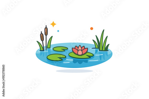 Serene Pond Badge. Pond life illustrating seasonal calm with still water, floating leaves, and soft reflections. A compact visual badge conveying tranquility,