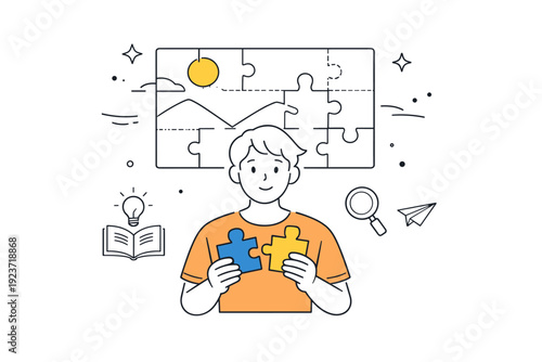 People with partial knowledge. A person holding a few puzzle pieces while a larger picture remains softly incomplete in the background, showing learning in