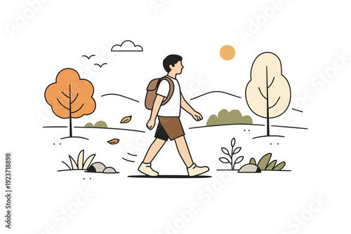 Digital detox nature walk. A person walking in nature without devices, surrounded by simple trees and open space. The mood feels fresh, peaceful, and grounded.