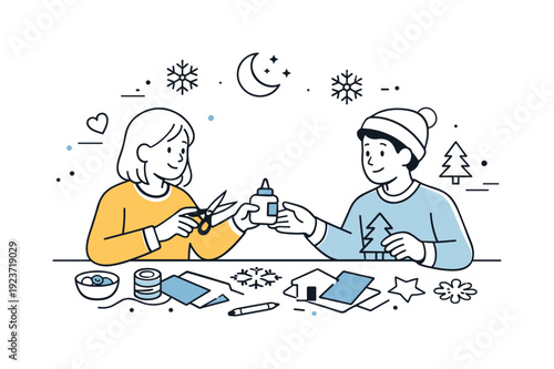 Family winter craft evening. Two people crafting together at a table, exchanging tools and ideas, warm connection and shared creativity.