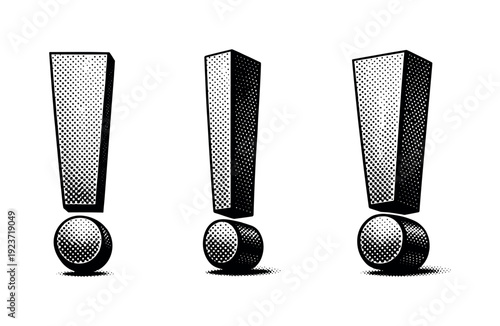 Three dimensional exclamation marks with halftone dot shading in a row