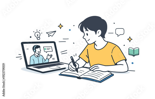 Young student learning online with a teacher on a laptop and taking notes in a book