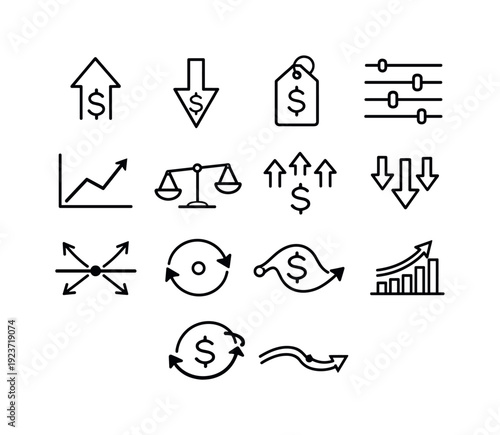 Price adjustment. Line icon set of price adjustment: rising price arrow, falling price arrow, price tag, adjustment arrows, market graph,