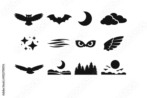 Nocturnal Birds. Solid icon set of Nocturnal Birds: owl flying, bat wings silhouette, moon crescent, night clouds, starry sky, silent flight lines, night