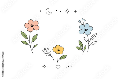 Minimal wedding florals. Minimal botanical elements arranged in a balanced composition, suitable for wedding stationery or invitations. Soft