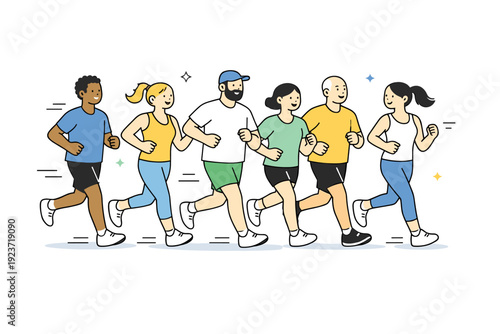 Social jogging meetup. Diverse runners moving together in a loose formation, no competition, just shared rhythm. Connection, wellness, and everyday activity.