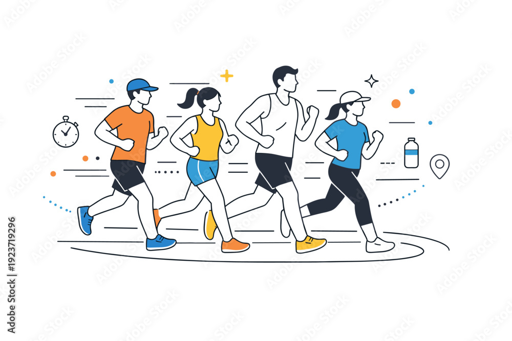 Fototapeta premium Marathon Training Unity. Group marathon training. Several runners move together on a track, with motion lines and abstract dots emphasizing teamwork, pace, and