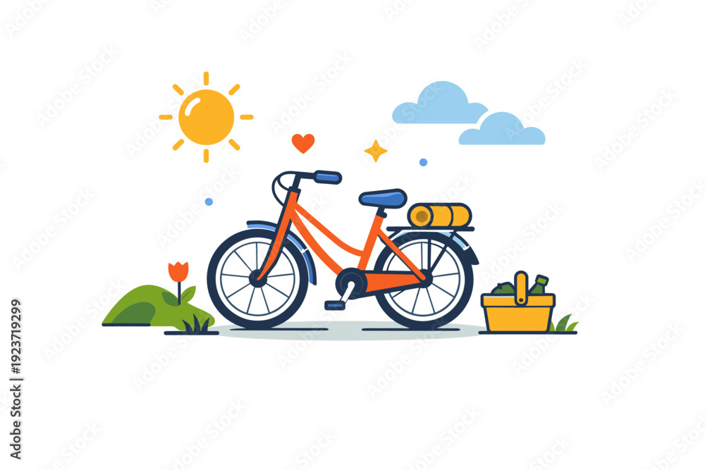 Fototapeta premium Weekend Bicycle Bliss. Bicycle weekend leisure mood shown through a parked bicycle with gentle sun and cloud elements, suggesting slow travel, relaxation and
