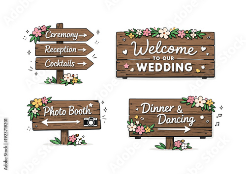 Spring wedding signage with reclaimed wood. Directional and welcome signs painted on rustic reclaimed wood, surrounded by flower garlands,