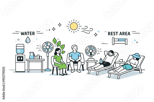 Cooling center design. A light, welcoming indoor space with fans, plants, and clearly labeled water and rest zones, designed for high-heat