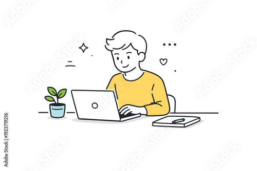 Authentic everyday moments. Person working quietly at a desk with a laptop and a small plant nearby. Focused routine and calm productivity in daily life.
