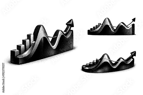 Financial chart statistical curve object. Black and white dot style with halftone texture and high contrast. Halftone texture with partial