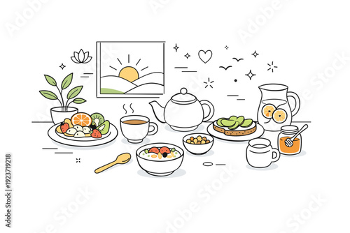 Mindful Morning Retreat. Wellness travel and retreats. Healthy breakfast table with fruits, tea, and calm morning light at a retreat. Balanced lifestyle and