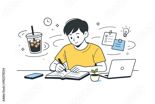 Morning work sessions with iced coffee. Abstract editorial scene with floating coffee cup, notes, and gentle motion lines around a focused