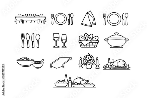 Festive Dinner Table. Line icon set of Festive Dinner Table: long dining table, place settings, folded napkins, dinner plates, cutlery set,