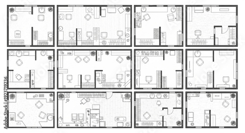 Architectural floor plan of multiple rooms with furniture and fixtures, detailed design.