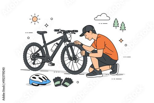 Mountain biking trail preparation ? Checking gear before the ride. Rider inspecting a mountain bike, helmet and gloves laid out nearby, calm