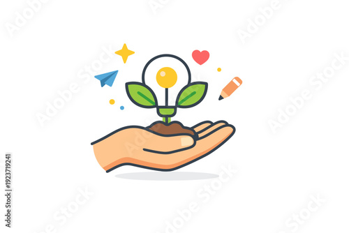 Spring creative process featuring a hand holding a small plant shaped like a creative symbol, expressing care, patience, and idea
