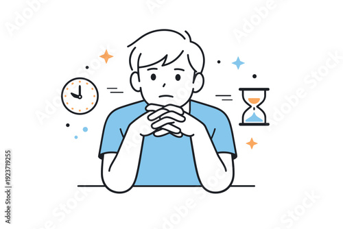 Fingers intertwined boredom. A person rests their chin on one hand, fingers of both hands loosely knotted together in a subtle fidget. The scene expresses