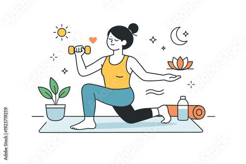 Wellness-focused fitness. A character balances strength and relaxation through gentle exercise, emphasizing health over performance. Editorial calm with smooth