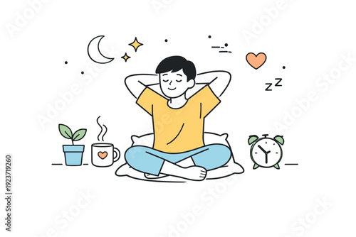 Rest as health concept. End-of-day rest moment with a person stretching lightly and settling into stillness. Simple symbols and open space