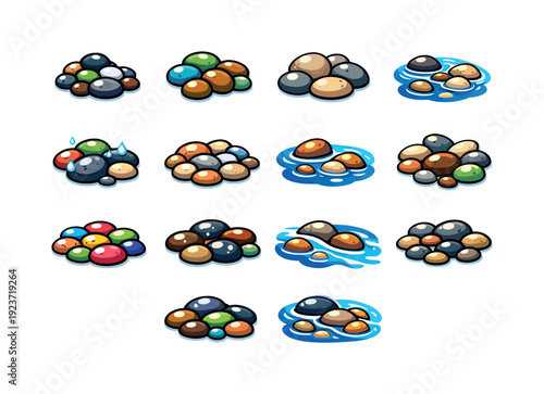 River Pebbles. Colorful isometric vector icons set of River Pebbles: smooth wet pebbles, water polished stones, rounded river rocks, pebbles