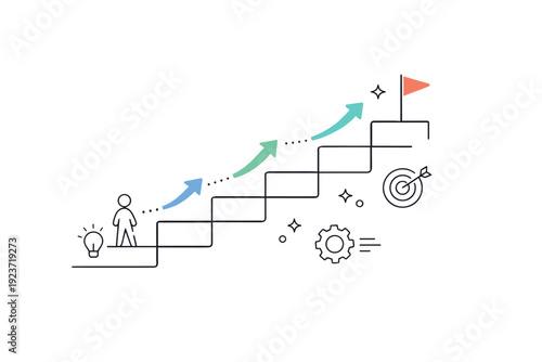Success concept. Abstract upward path made of simple geometric steps, soft arrows and dots guiding the direction, sense of steady progress and clarity.