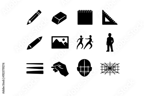 Sketching essentials. Solid icon set of sketching essentials: pencil, eraser, sketchpad, ruler, shading tool, reference image, gesture lines, silhouette, line
