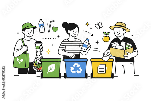 Eco friendly. Friendly characters sorting waste and using reusable items, shown in a simple clean editorial style. The atmosphere feels