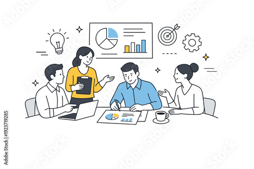 Business team meeting. Abstract people gather around a table or shared workspace, reviewing information and discussing strategy together. The