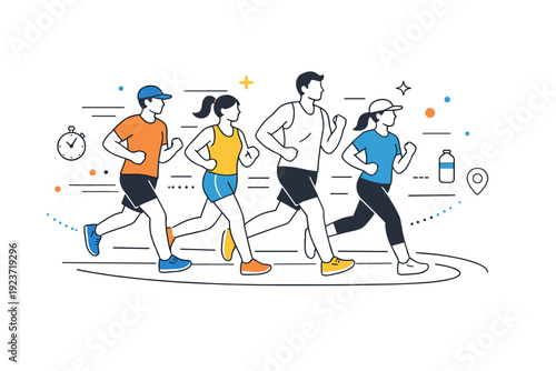 Marathon Training Unity. Group marathon training. Several runners move together on a track, with motion lines and abstract dots emphasizing teamwork, pace, and