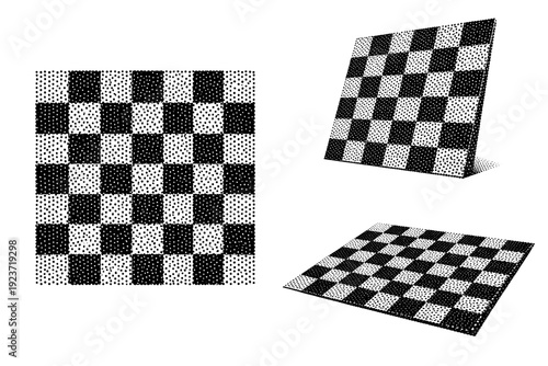 Halftone dotted checker grid. A single dotted checker grid shown in three views: front-facing view, angled view, and perspective view, showing alternating