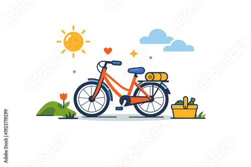 Weekend Bicycle Bliss. Bicycle weekend leisure mood shown through a parked bicycle with gentle sun and cloud elements, suggesting slow travel, relaxation and
