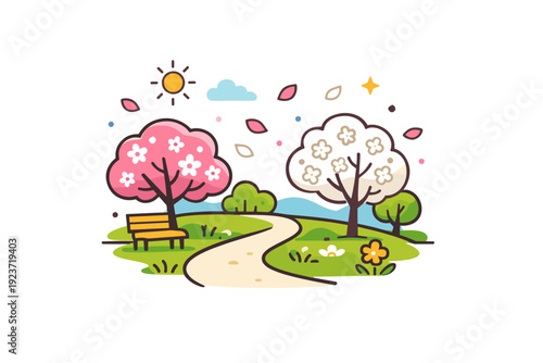 Springtime outdoor walk quiet park scenery with trees in bloom and light decorative petals in the air, symbolizing renewal, calm and everyday wellness.