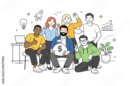 Founders celebrating progress. A startup team taking a group photo in the office after securing funding, relaxed poses and confident smiles.