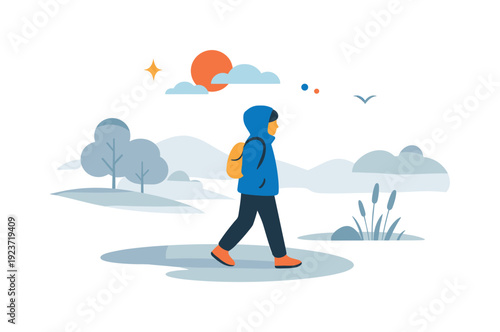 Taking foggy morning walks capturing a solitary figure moving calmly along a path softened by mist and gentle silhouettes. A quiet editorial