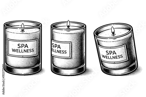 Spa wellness aroma candle in glass container shown in straight-on view, side view, and three-quarter angled view as one isolated object. Black and white dot